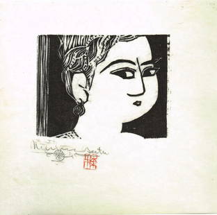 Shiko Munakata Portrait Japanese Woodblock Print: Artist: Shiko MunakataSubject: Portrait of a young ladyFormat: (27 x 30 cm)Signature: Munakata (in pencil) & sealDate: 1950sMedium: Japanese Woodblock Print Please note that this lot has a