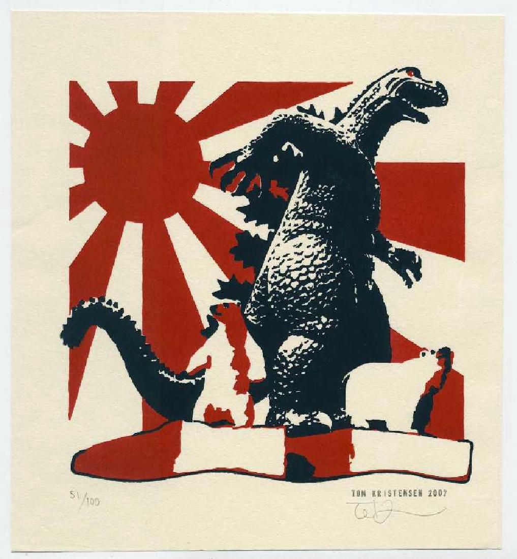 Tom Kristensen Godzilla Japanese Woodblock Print: Artist: Tom Kristensen (1962-present) Title: "Godzilla and Polar Bears" #53/100 Provenance: Kristensen's Australian studio Date: 2007, Limited Edition #52/100, pencil-signed by artist. Series: "Kaiju 