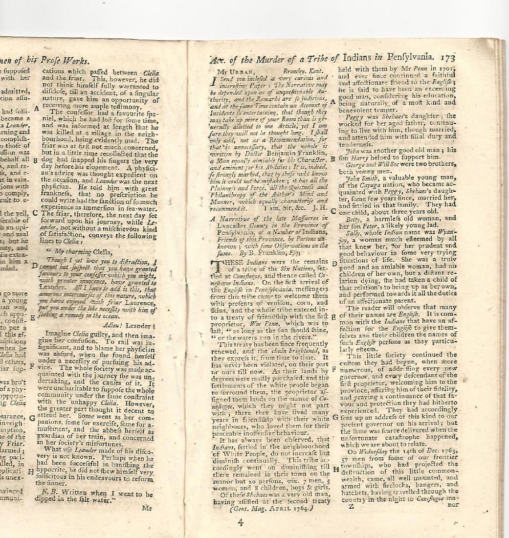 1764 Magazine Benjamin Franklin on Indian Attacks (1 of 2)