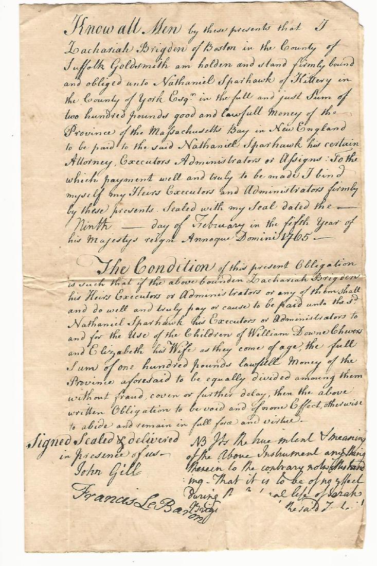 1765 Colonial Obligation Bond Zachariah Brigden (1 of 1)