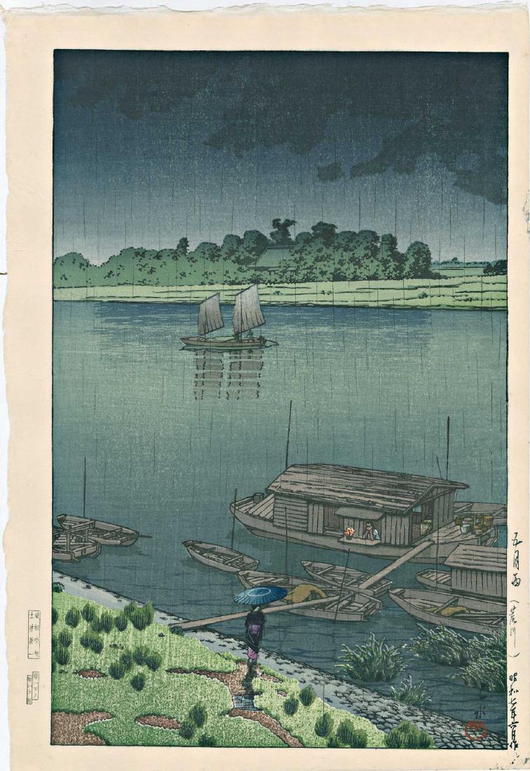 Hasui Kawase Rain at River Japanese Woodblock Print (1 of 2)