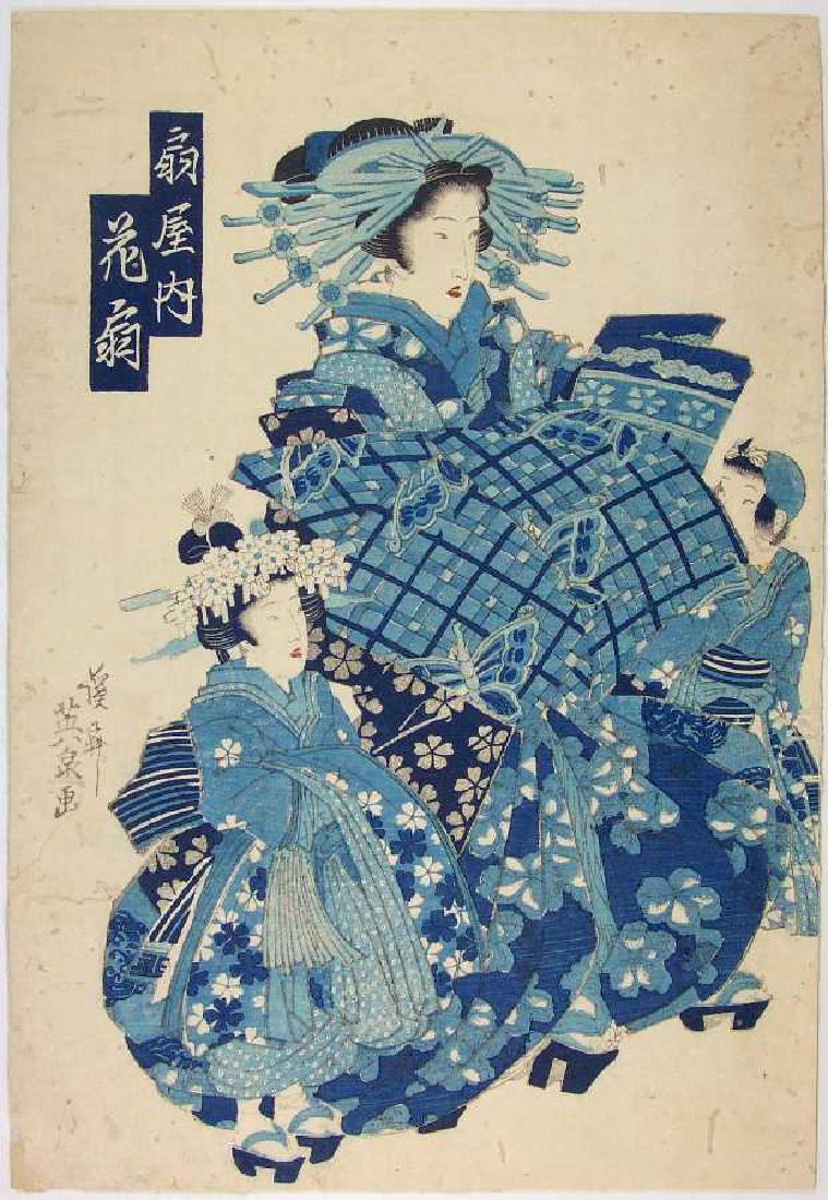 Keisai Eisen Courtesan Japanese Woodblock Print: Artist: Keisai Eisen (1790-1867) Title: "Courtesan with Attendants" Date: ca1830 (original print) Image Size: 10 1/8 x 14 3/4 Medium: Japanese Woodblock Print Impression: Very Fine. Skillfully execute