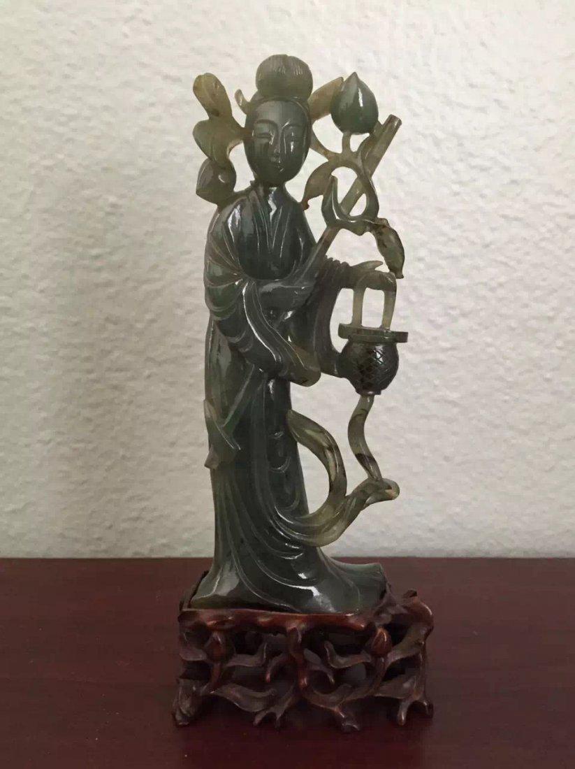 Vintage Chinese Green Jade Female Figure w/ Wood Stand (1 of 5)