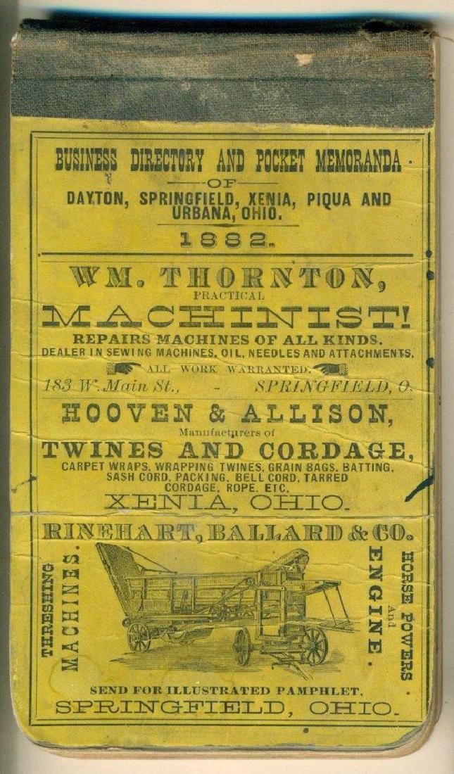 1882 Business Directory Pocket Tablet Ohio: 1882 Business Directory Pocket Tablet Dayton Springfield Xenia Piqua Urbana Ohio Old Antique 1882 OHIO ADVERTISEMENT Pocket Tablet; BUSINESS DIRECTORY AND POCKET MEMORANDA of DAYTON, SPRINGFIELD, XENI