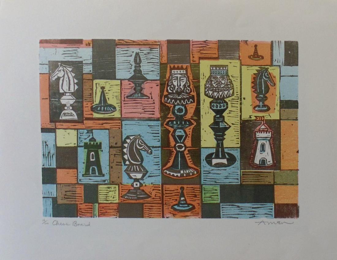 Irving Amen: Chessboard, Woodcut - SIGNED (1 of 2)