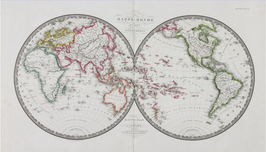 Brue: Antique Map of the World; East & West Hemispheres (1 of 1)