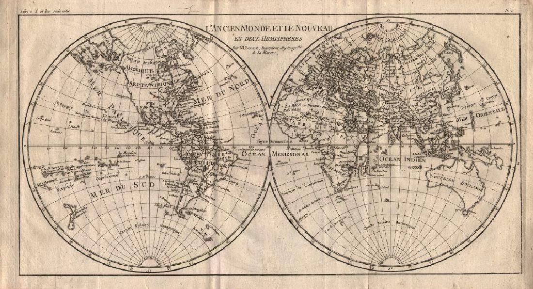 Bonne: Antique Map of the World in Hemispheres, 1780 (1 of 2)