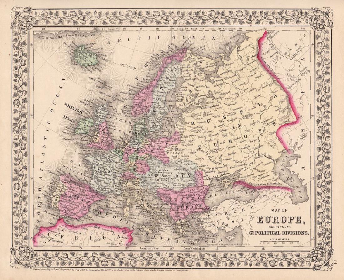 Mitchell: Antique Political Map of Europe, 1867 (1 of 1)