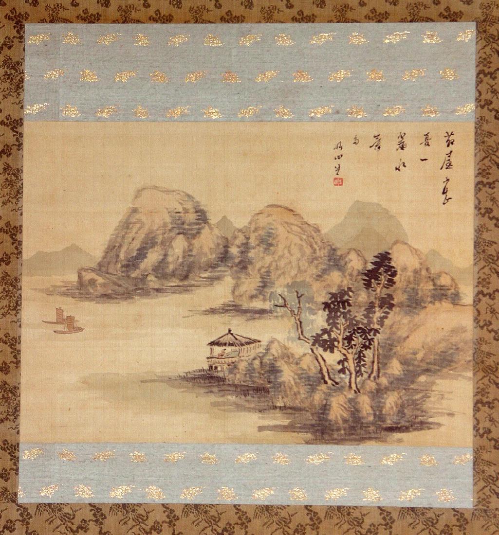 Antique Japanese Edo Painting by Tanomura Chikuden: Item: Antique Japanese Edo Painting by Tanomura Chikuden Maker: Tanomura Chikuden (1777-1835) Origin: Japan Date: Edo Period Materials: Ink and color on silk Size: H: 11 7/8 in W: 16 5/8 in With an ol