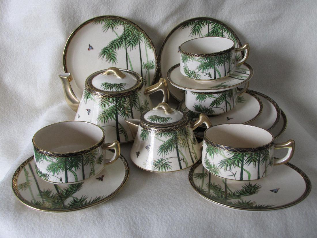 Antique Japanese Satsuma Bamboo & Bird Tea Set, Signed