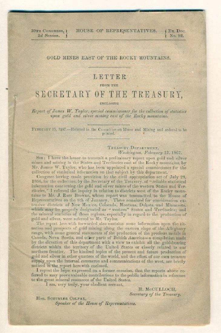 Publication: 1867 Mcculloch Sec. Of Treasury, Mines: 1867 Mcculloch Secretary Of Treasury Gold & Silver Mine S East Of Rocky Mountain Antique Political Publication; "GOLD MINES EAST of THE ROCKY MOUNTAINS. Letter from the SECRETARY of THE TREASURY, Encl