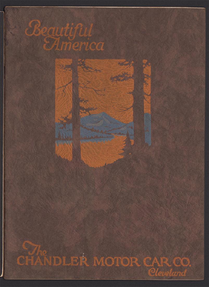 Sales Booklet: 1923 Chandler Cars + Pikes Peak Motors: 1923 Chandler Cars 24-page Sales Booklet Featuring Pikes Peak Motor. 7.625 X 10.375 Large and attractive booklet featuring unusual subtle color tints on several full-page illustrations of various mode