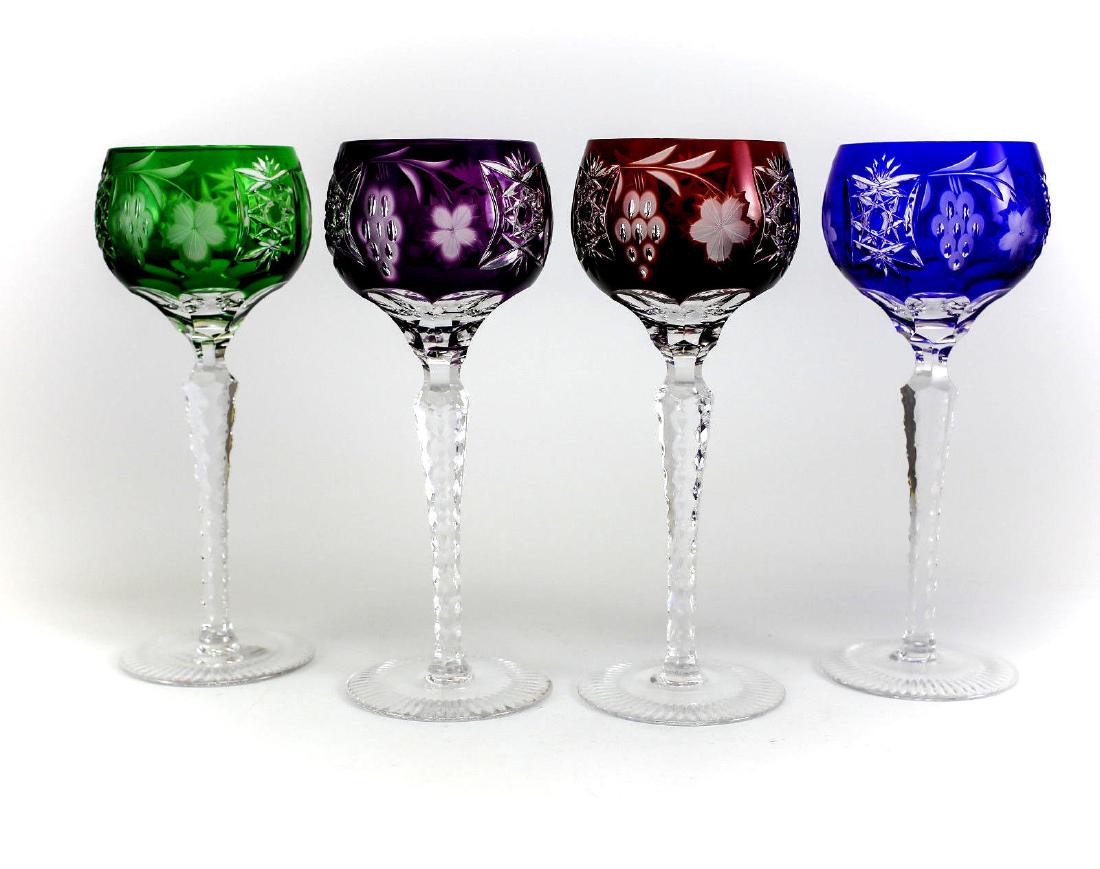 Czech Art Glass Wine Glasses w/ Grape Leaf, c1930: 4pc Assort Czech Art Glass Wine Glasses, c1930 Hand Cut & Polished Grape Leaf Please note that this lot has a confidential reserve. When you leave a bid in advance of the auction, submit your maximum.