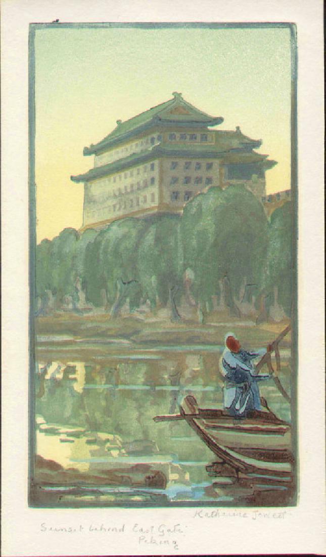 Katharine Jowett Sunset Japanese Woodblock Print: Artist: Katharine Jowett Sunset Behind East Gate, Peking Medium: Japanese Woodblock print with paint Date: ca. 1930 Size: 10.25 x 6.0 inches The boatman in this woodblock print is enhanced with paint.