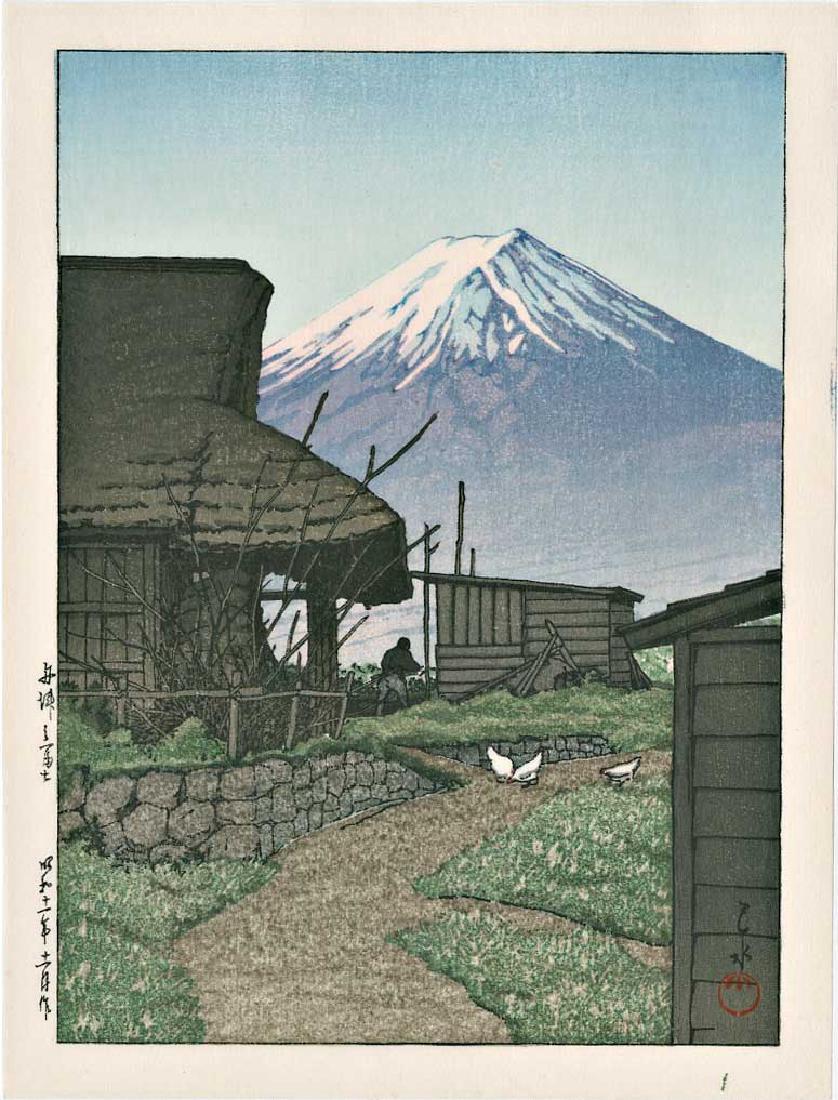 Kawase Hasui Mt Fuji Funatsu Japanese Woodblock Print: Artist: Hasui Kawase Mt. Fuji in Funatsu 1930s, this auto-zuri edition published by Watanabe from the original blocks 6.4 x 8.5 inches Medium: Japanese Woodblock Print Hasui Kawase (1883-1957) was a J