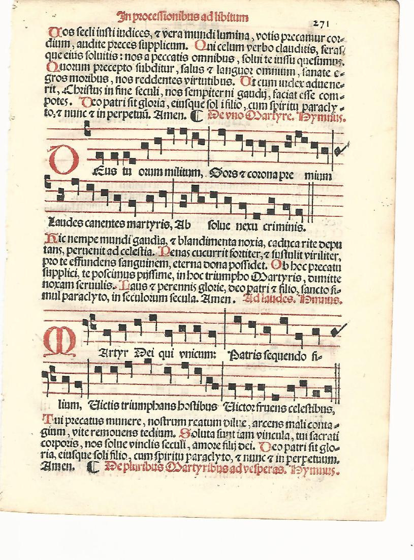 1567 Catholic Hymanl Leaf Red and Black Fine: 1567 Catholic Hymanl Leaf Red and Black Fine 1567 Catholic hymnal leaf printed in red and black, music both sides, from “Sacerdotal ad Consuetudinem Sacro Sancte…”, printed at Venice by Petri Li