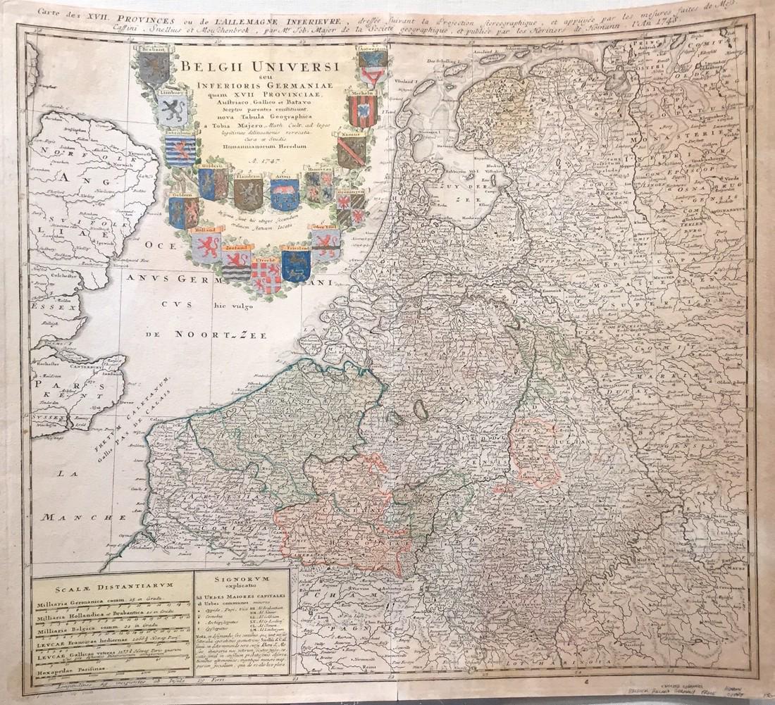 Homann: Antique Map of Belgium Holland Germany France: Title: Map of Belgium, Holland, Germany, and France by Homann Date: c 1747 Medium: Hand Colored Copper Plate Engraving Dimensions (in.): 22.5 x 20 No Reserve: This lot starts at $1 and has no reserve 