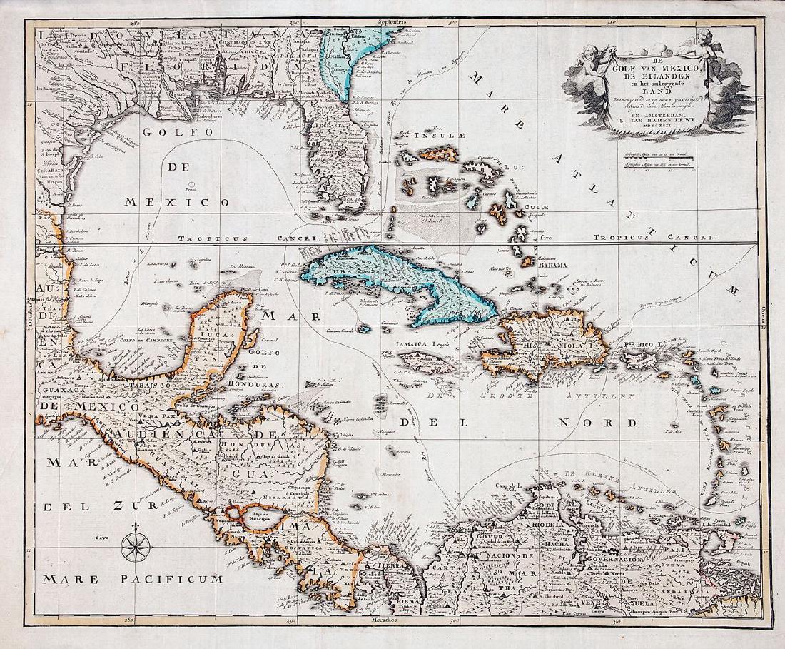 Elwe: Antique Map of Gulf of Mexico & Caribbean, 1792: Map: De Golf van Mexico, de Eilanden en het omleggende Land Cartographer: J. B. Elwe Place & Date: Amsterdam / 1792 Size: 22 3/4" x 19" Condition: Wash and outline color; light overall age toning, min