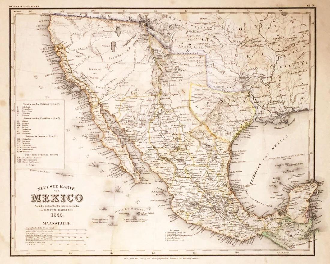 Meyer: Antique Map of Mexico & Independent Texas, 1845: Map: Neueste Karte von Mexico Cartographer: Bibliographischen Instituts. Place & Date: Hildburghausen / 1845 Size: 14 1/8" x 11 3/8" Condition: original outline color; overall age toning; water stains