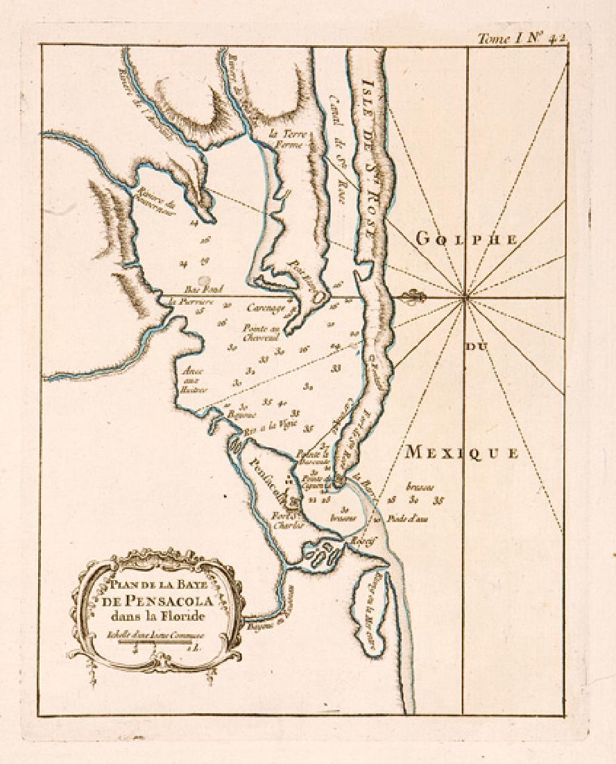 Bellin: Antique Plan of Pensacola Bay in Florida, 1764: Map: Plan de la Baye de Pensacola dans la Floride Cartographer: Bellin Place & Date: Paris / 1764 Size: 6 1/2" x 8 1/8" Condition: outline color; light overall age toning; a few minor spots in margins