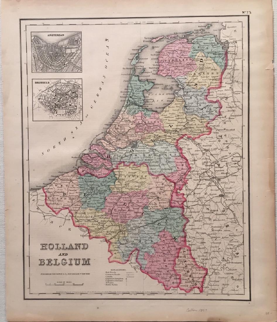 Colton: Antique Map of Holland & Belgium, 1857: Title: Map of Holland & Belgium by Colton Date: 1857 Medium: Hand Colored Lithograph Dimensions (in.): 14 x 17 Joseph Hutchins Colton (1800 - 1893), known professionally as J.H. Colton, founded an Ame