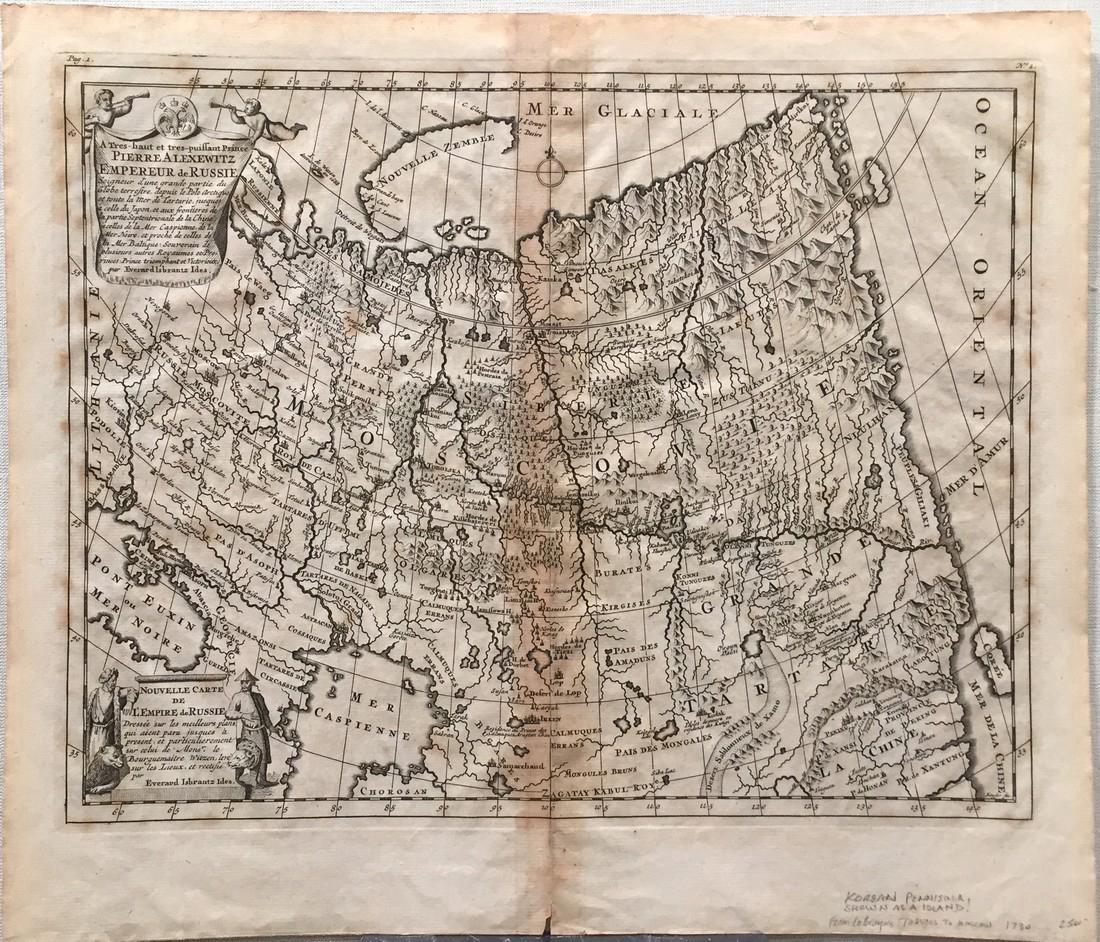 Antique Map of Korean Peninsula from Lebryan's Travels: Title: Map of Korean Peninsula from Lebryan's Travels To Moscow Date: 1730 Medium: Copper Plate Engraving Dimensions (in.): 16 x 14 No Reserve: This lot starts at $1 and has no reserve as a courtesy s