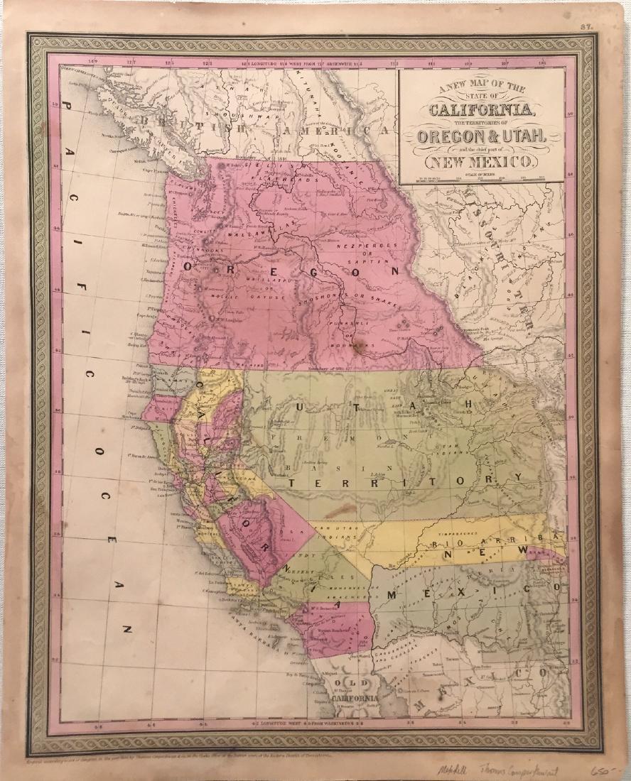 Mitchell/Cowperthwait: Antique Map of the West US, 1850: Title: Map of California, Oregon, Utah, and New Mexico by Mitchell and Cowperthwait Date: 1850 Medium: Lithograph Dimensions (in): 13.5 x 17 Condition: Good Condition with a little of foxing Samuel Au
