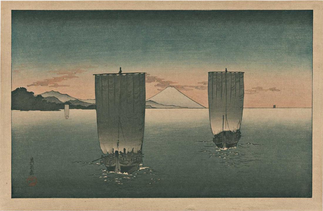 Eisen Keisai Boats Japanese Woodblock Print: Artist: Eisen Keisai Title: Sailing Boats off Mt. Fuji Publisher: Shima Print Co. Date: c. 1930s Medium: Japanese Woodblock Print Size: 15 x 9.75 Provenance: from the Robert O. Muller estate Keisai Ei