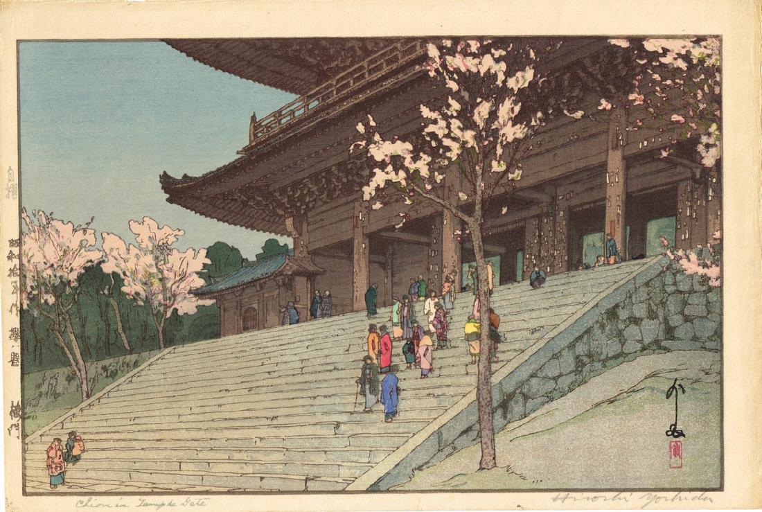 Hiroshi Yoshida Temple Gate Japanese Woodblock Print: Hiroshi Yoshida Chion-in temple gate Format: yoko-ôban (27,5 x 41 cm) Signature: Yoshida Seal: Hiroshi Signature: Hiroshi Yoshida (pencil) Seal: ji-zuri – handmade Date: 1935 Medium: Japanese Woodb