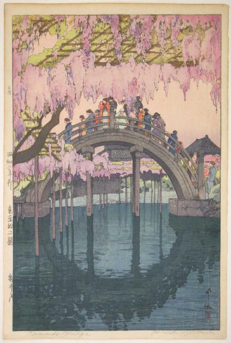 Hiroshi Yoshida Kameido Bridge Japanese Woodblock Print: Artist: Yoshida Hiroshi Title: "Kameido Bridge" ("Kameido") Date: 1927 "Jizuri" seal "Pencil-signed" in margin by artist, "brush-signed" and "sealed" by artist in image Series: "Twelve Scenes of Tokyo