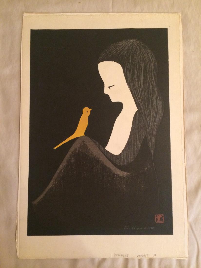 Kaoru Kawano Canary Japanese Woodblock Print: Artist: Kaoru Kawano Title: Yellow Canary Publisher: Self Published Date: 1950s Medium: Japanese Woodblock Print Image Size 15 1/8" x 10 3/8" Red Kawano seal in print lower right corner, signed K. Kaw