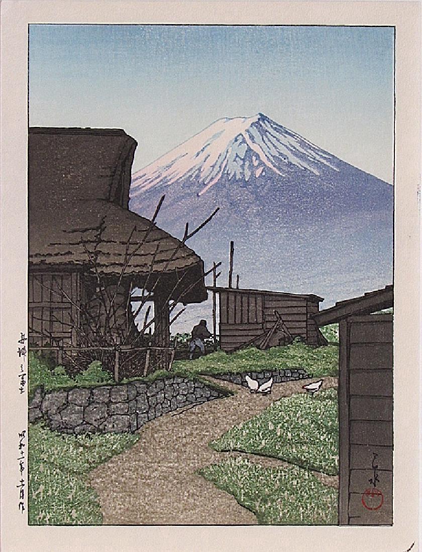 Kawase Hasui Mt Fuji Funatsu Japanese Woodblock Print: Artist: Kawase Hasui Subject: Mount Fuji in Funastu Publisher: Watanabe Signature: Hasui Date: November 1936, this a later chuban version Format: chûban, 16.3 x 21.5 cm Medium: Japanese Woodblock Pri