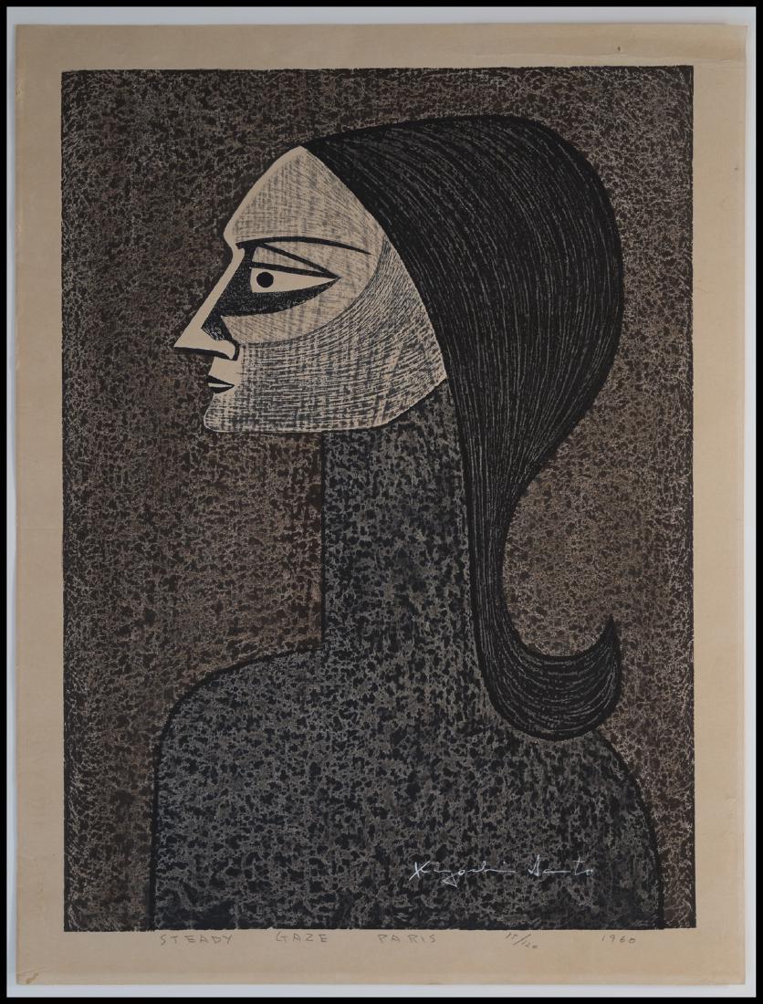 Kiyoshi Saito Paris Japanese Woodblock Print: Artist: Saito, Kiyoshi Title: Steady Gaze Paris Series: 35/120 Date: 1960 Medium: Japanese Woodblock Print Size: 20.5" x 16" Toned, small hole in top border, tape mark on back Kiyoshi Saito (1907-1997