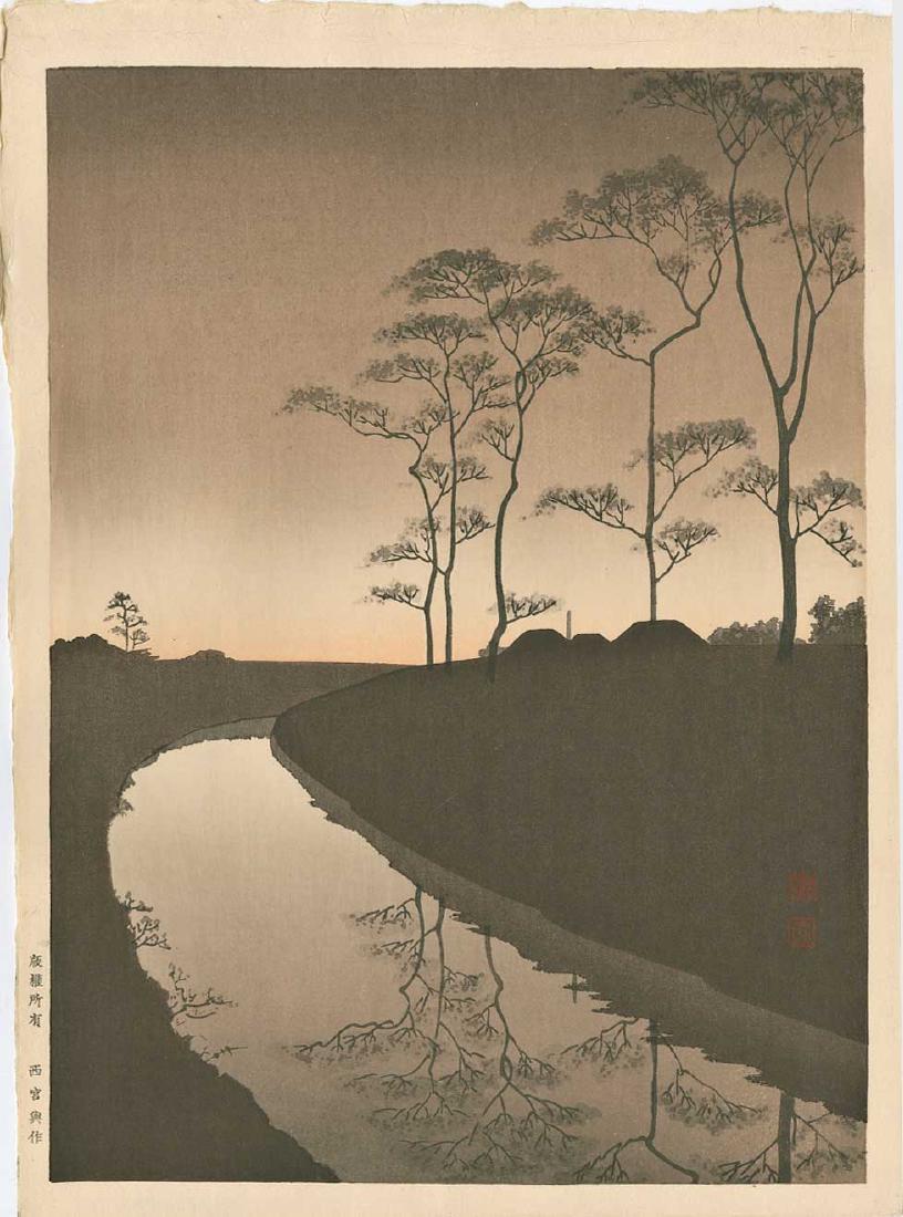 Koho Shoda Country Japanese Woodblock Print: Artist: Koho Shoda Title: Country Scene (Sepia Variant) Series: Night Scenes Publisher: Nishinomiya Date: c. 1920s Medium: Japanese Woodblock Print Size: 8 x 10.75 inches Provenance: from the Robert O