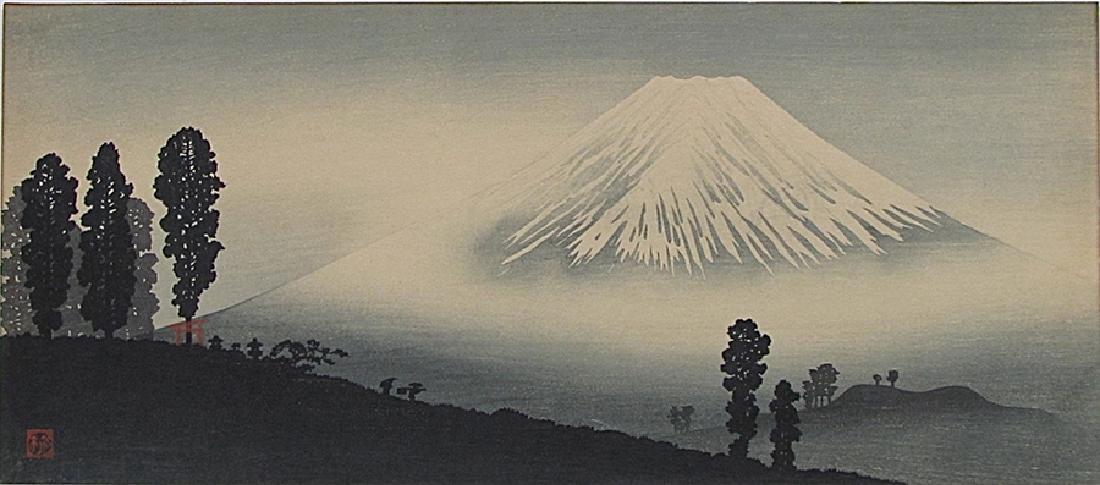 Shotei Takahashi (Hiroaki) Fuji Japanese Woodblock: Artist: Takahashi Shotei Subject: Mt Fuji in mist (Shôtei M-14) Publisher: Watanabe Seal: Shotei Date: 1932 or earlier Format: mitsugiriban, 37.5 x 16.5 cm Medium: Japanese Woodblock Print Please not