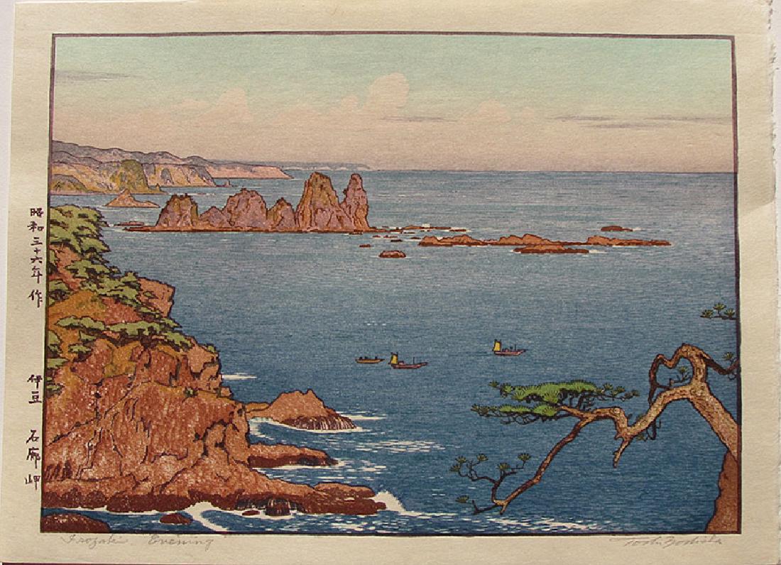 Toshi Yoshida Irozaki, Evening Japanese Woodblock Print: Artist: Toshi Yoshida Subject: Irozaki, Evening Publisher: Yoshida studio Signature: Toshi Yoshida and English title in pencil Date: 1961 Format: ôban, 37.5 x 28 cm Medium: Japanese Woodblock Print T