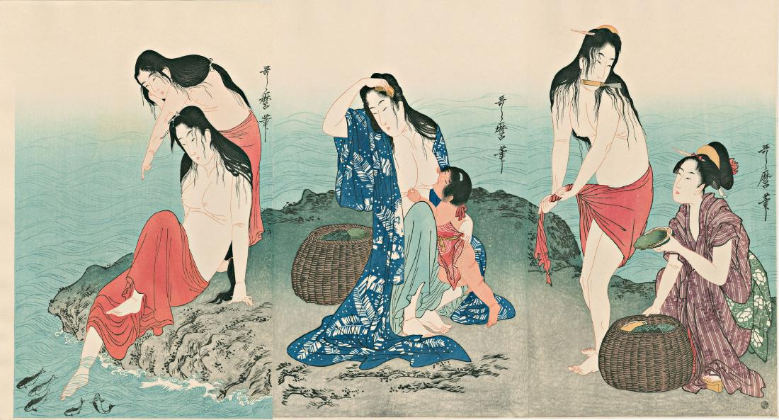 Utamaro Kitagawa Triptych Japanese Woodblock Print (1 of 5)