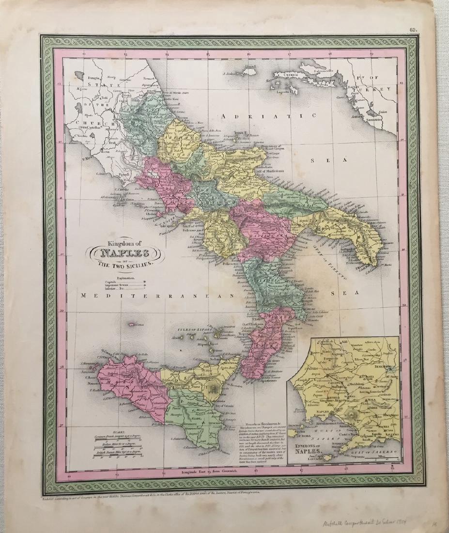 Mitchell & Cowperthwait: Antique Map of Naples, 1851: Title: Map of the Kingdom of Naples by Mitchell & Thomas Cowperthwait Date: 1851 Medium: Hand Colored Lithograph Dimensions (in.): 13.5 x 17 Samuel Augustus Mitchell (1790-1860) was an American geogra