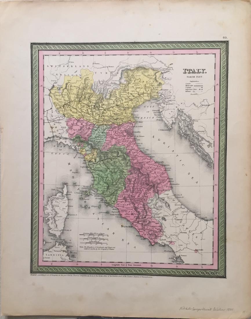 Mitchell Cowperthwait: Antique Map of Italy, 1854: Title: Map of Italy by Mitchell, Cowperthwait, Desilver Date: 1854 Medium: Hand Colored Lithograph Dimensions (inches): 14 x 17 Condition: Small rip at the top Samuel Augustus Mitchell (1790-1860) was