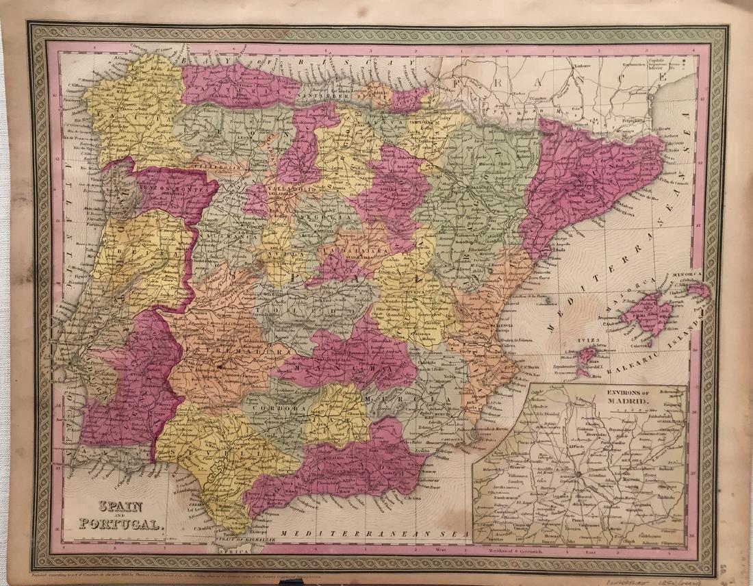 Cowperthwait: Antique Map of Spain & Portugal, 1850: Title: Map of Spain & Portugal by Cowperthwait Date: 1850 Dimensions (inches): 17 x 14 Medium: Hand Colored Lithograph Condition: Slight Browning Please note that this lot has a confidential reserve. 