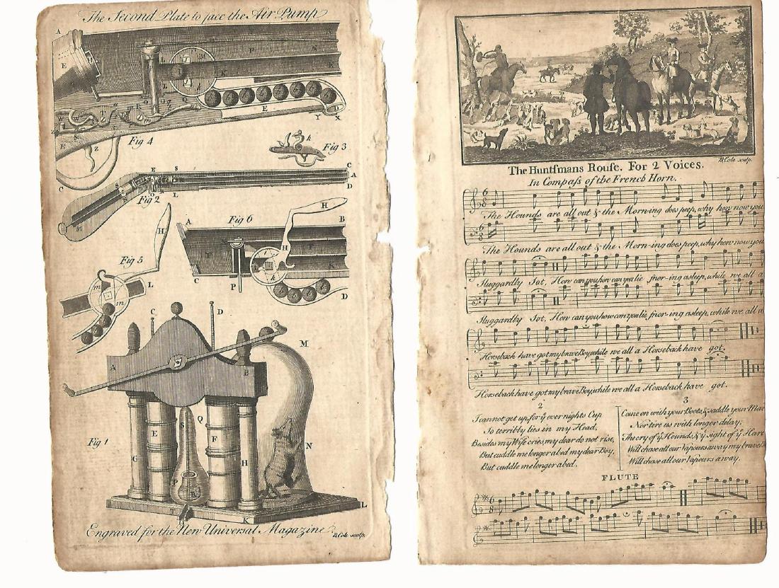 1751 Engravings Gun Parts and Music Sheet: Item: 1751 Engravings Gun Parts and Music Sheet Two engravings from Universal Magazine for 1751 including one with parts of a gun and the other a music sheet. Very Good, measures 5 x 8”. No Reserve: