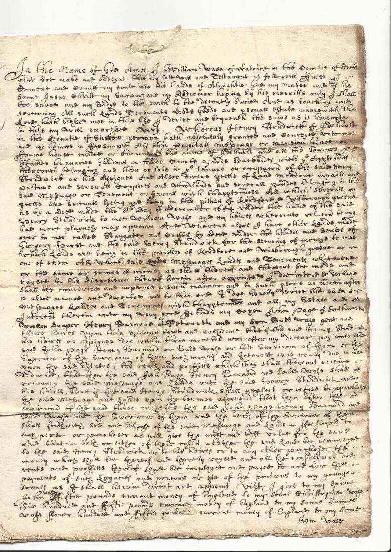 1663 Manuscript Will of William Wade London: Item: 1663 Manuscript Will of William Wade London 1663 True Copy of the will of William Wade of Datchett in the county of Berks, Gentleman. On three large sheets of paper, nicely penned , measures 12 