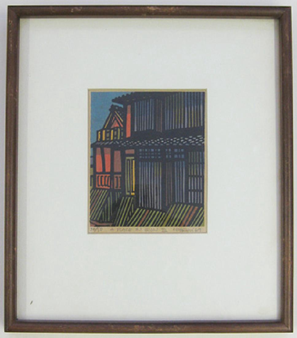 Clifton Karhu A Place in Gion Japanese Woodblock Print: Artist: Clifton Karhu A Place in Gion (lll) Issued: 1969 Medium: Woodblock Edition: 32/50 Condition: Good, significant toning Image Size: 5.5 x 4.5 inches Signed: in pencil Publisher: self published S