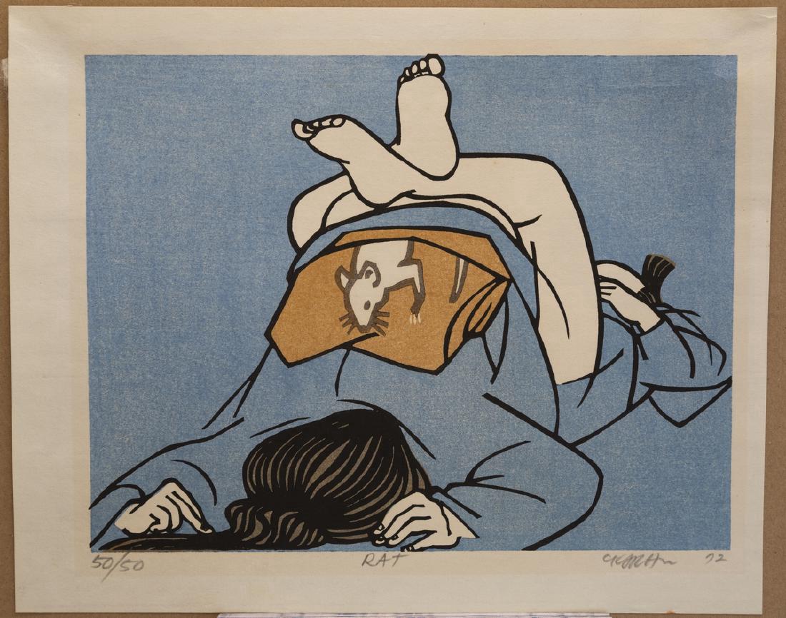 Clifton Karhu Rat Japanese Woodblock Print: Artist: Clifton Karhu Title: Rat Series: 50/50 Date: 1972 Medium: Japanese Woodblock Print Size: 7.75" x 10" Slight Toning Clifton Karhu (1927-2007) was one of the most successful contemporary Western