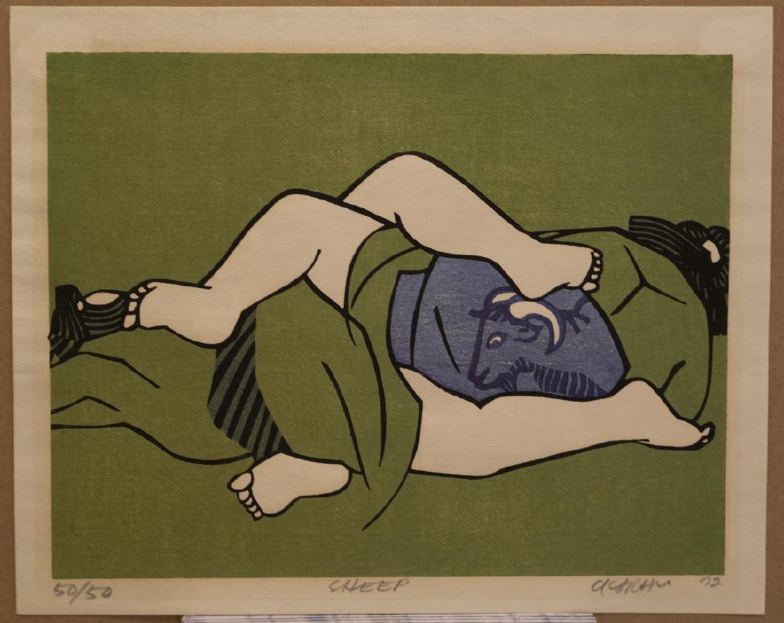 Clifton Karhu Sheep Japanese Woodblock Print: Artist: Clifton Karhu Title: Sheep Series: 50/50 Date: 1972 Medium: Japanese Woodblock Print Size: 7.75" x 10" Slight Toning Clifton Karhu (1927-2007) was one of the most successful contemporary Weste