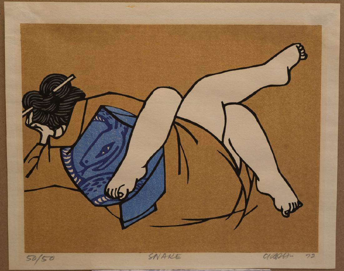 Clifton Karhu Snake Japanese Woodblock Print: Artist: Clifton Karhu Title: Snake Series: 50/50 Date: 1972 Medium: Japanese Woodblock Print Size: 7.75" x 10" Slight Toning Clifton Karhu (1927-2007) was one of the most successful contemporary Weste