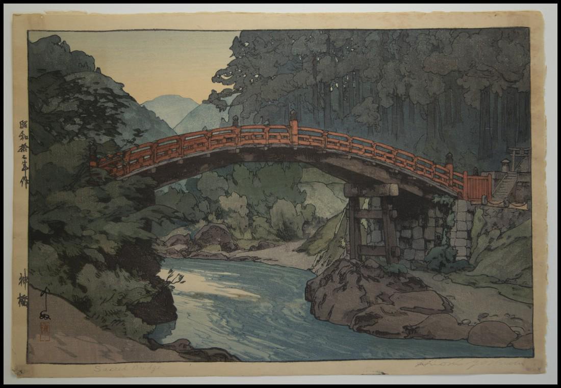 Hiroshi Yoshida Sacred Bridge Japanese Woodblock Print: Artist: Hiroshi Yoshida Sacred Bridge 1940 Woodblock print 9.75" x 15" Toned Hiroshi Yoshida (1876-1950) was a 20th century Japanese painter and woodblock printmaker born in 1876. He is regarded as on