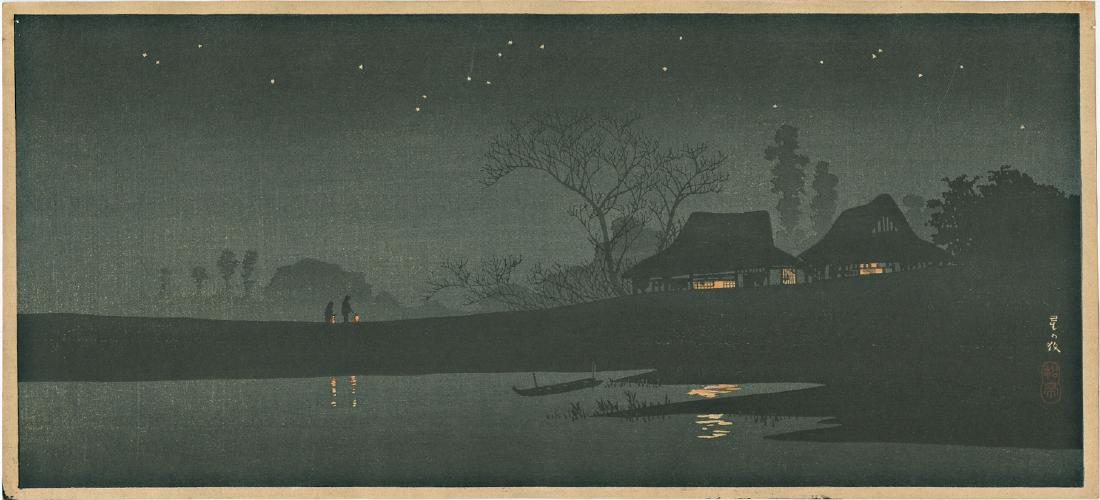 Shotei Takahashi Hiroaki Night Japanese Woodblock Print: Artist: Shotei Takahashi (Hiroaki) A Starlit Night Watanabe 1936 Japanese Woodblock print 6.75 x 15 inches Provenance: From the Robert O. Muller estate Hiroaki Takahashi (Shotei) (1871-1945) was a Jap
