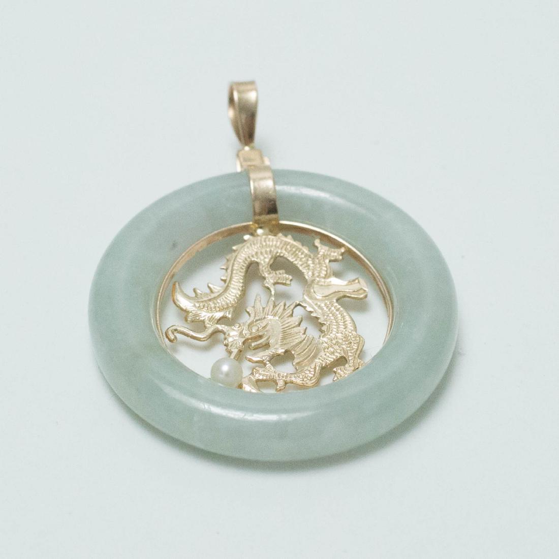 14K Gold Pearl Green Jade Dragon Charm Ring Pendant (1 of 6)