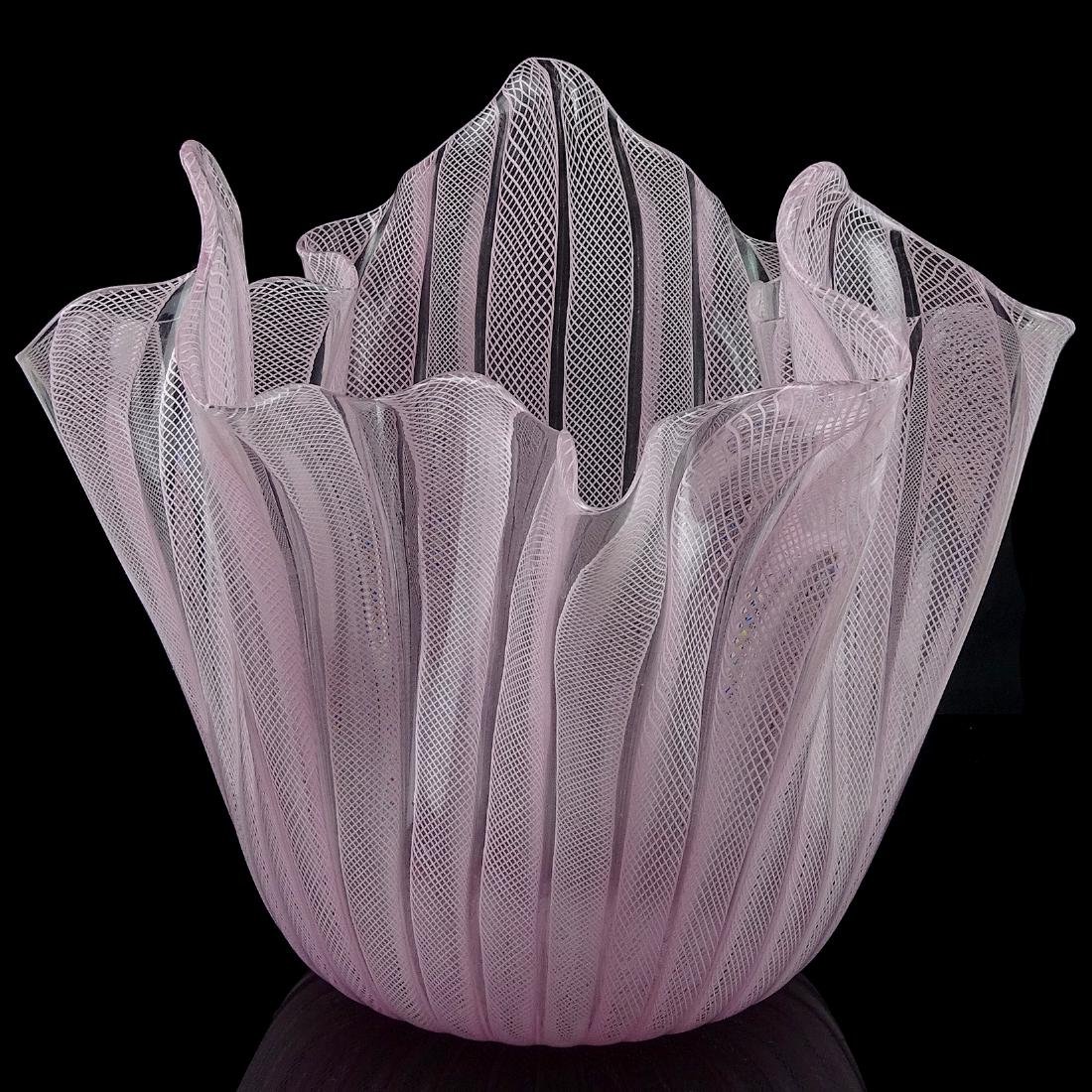 Large Murano Pink Ribbons Italian Art Glass Flower Vase: Beautiful large Murano hand blown, pink Zanfirico ribbons art glass fazzoletto / handkerchief flower vase. Created in the manner of designer Fulvio Bianconi for the Venini company. Mid-Century Modern 